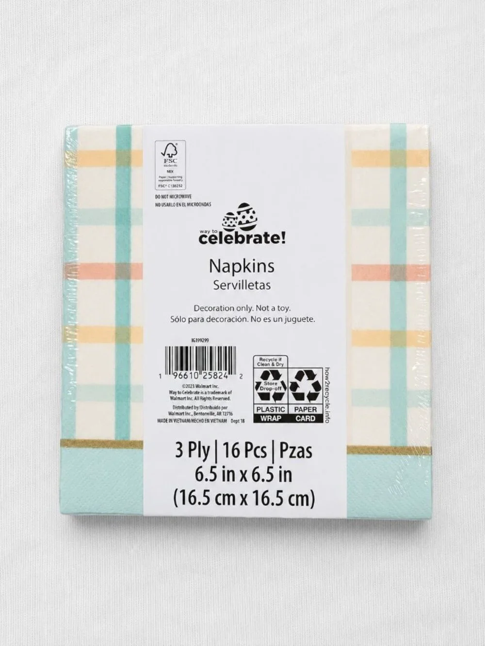 16 Packs Pastel Plaid Paper Napkins 3-Ply 6.5